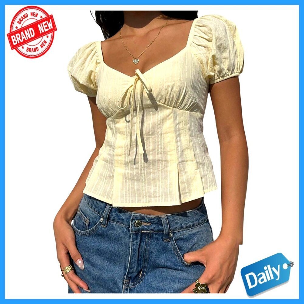Textured Puff Sleeve Square Neck Tie Front Babydoll Blouse Top